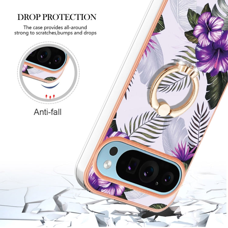 For Google Pixel 9 / 9 Pro Electroplating IMD TPU Phone Case with Ring(Purple Flower) - Google Cases by PMC TechLife | Online Shopping South Africa | PMC TechLife | Buy Now Pay Later Mobicred