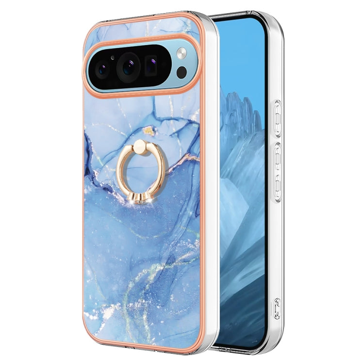 For Google Pixel 9 / 9 Pro Electroplating Marble Dual-side IMD Phone Case with Ring(Blue 018) - Google Cases by PMC TechLife | Online Shopping South Africa | PMC TechLife | Buy Now Pay Later Mobicred