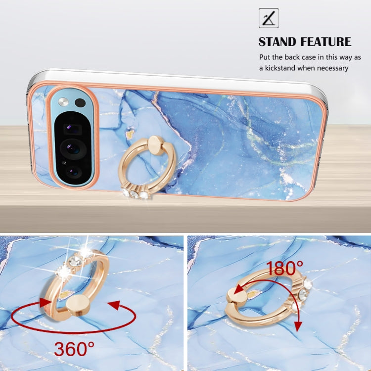 For Google Pixel 9 / 9 Pro Electroplating Marble Dual-side IMD Phone Case with Ring(Blue 018) - Google Cases by PMC TechLife | Online Shopping South Africa | PMC TechLife | Buy Now Pay Later Mobicred