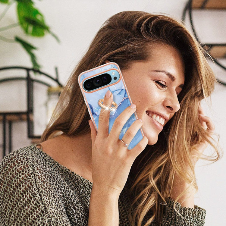 For Google Pixel 9 / 9 Pro Electroplating Marble Dual-side IMD Phone Case with Ring(Blue 018) - Google Cases by PMC TechLife | Online Shopping South Africa | PMC TechLife | Buy Now Pay Later Mobicred