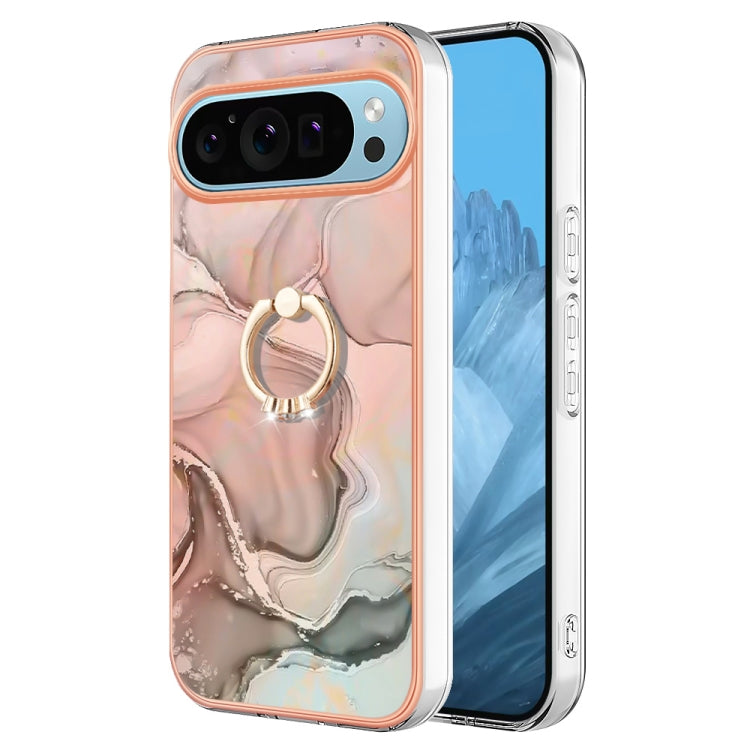 For Google Pixel 9 / 9 Pro Electroplating Marble Dual-side IMD Phone Case with Ring(Rose Gold 015) - Google Cases by PMC TechLife | Online Shopping South Africa | PMC TechLife | Buy Now Pay Later Mobicred