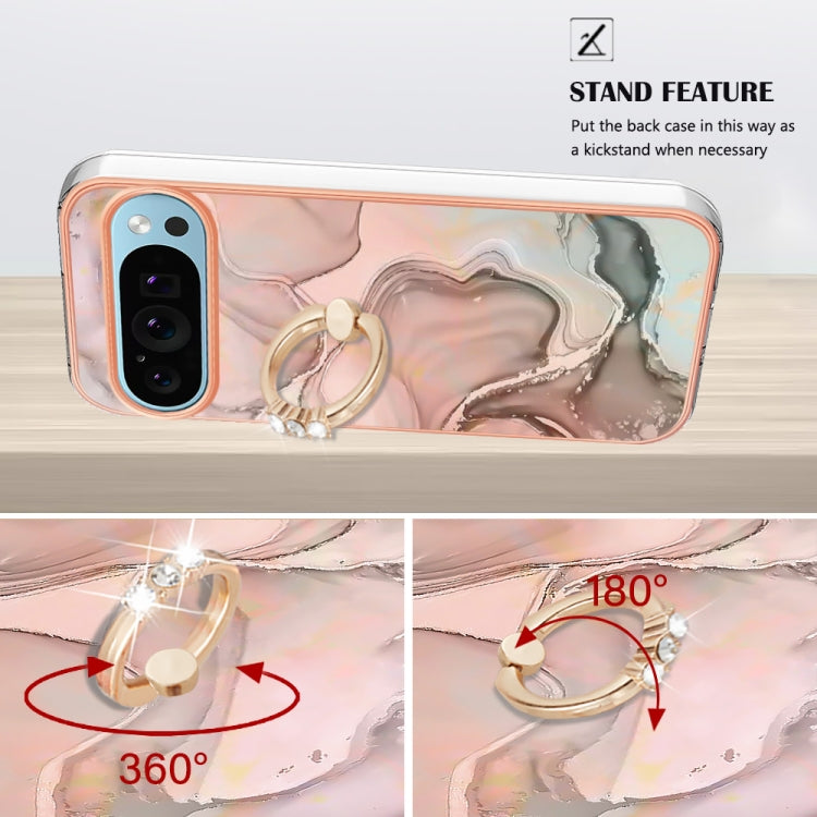 For Google Pixel 9 / 9 Pro Electroplating Marble Dual-side IMD Phone Case with Ring(Rose Gold 015) - Google Cases by PMC TechLife | Online Shopping South Africa | PMC TechLife | Buy Now Pay Later Mobicred