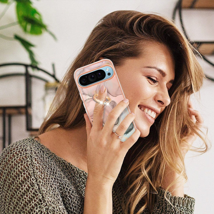 For Google Pixel 9 / 9 Pro Electroplating Marble Dual-side IMD Phone Case with Ring(Rose Gold 015) - Google Cases by PMC TechLife | Online Shopping South Africa | PMC TechLife | Buy Now Pay Later Mobicred