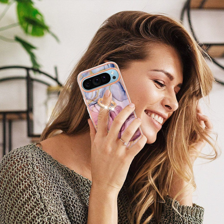 For Google Pixel 9 / 9 Pro Electroplating Marble Dual-side IMD Phone Case with Ring(Rose Red 014) - Google Cases by PMC TechLife | Online Shopping South Africa | PMC TechLife | Buy Now Pay Later Mobicred
