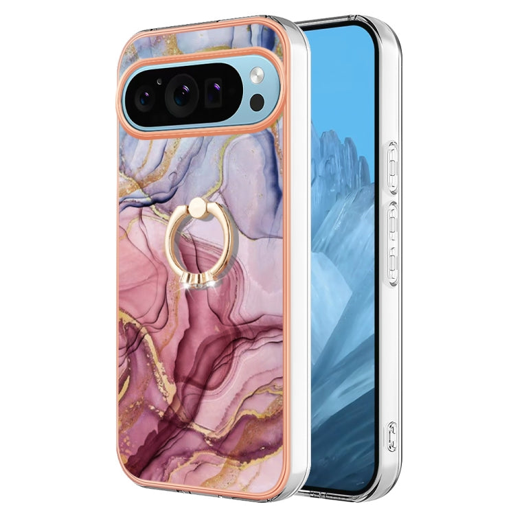 For Google Pixel 9 Pro XL Electroplating Marble Dual-side IMD Phone Case with Ring(Rose Red 014) - Google Cases by PMC TechLife | Online Shopping South Africa | PMC TechLife | Buy Now Pay Later Mobicred