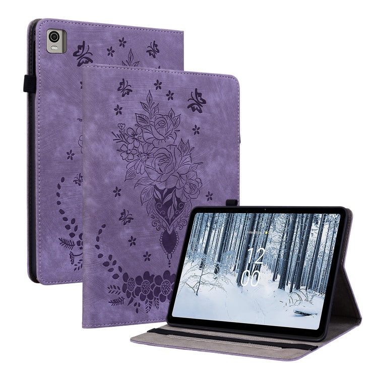 For Nokia T21 Butterfly Rose Embossed Leather Tablet Case(Purple) - Honor Cases by PMC TechLife | Online Shopping South Africa | PMC TechLife | Buy Now Pay Later Mobicred