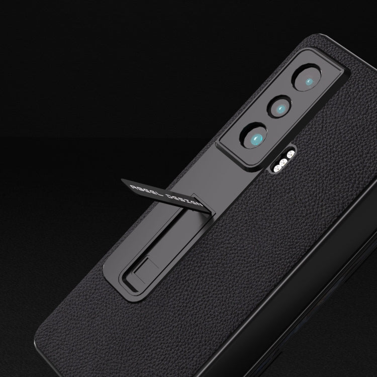 For Honor Magic Vs Integrated Genuine Leather + PC Litchi Texture Phone Case with Holder(Black) - Honor Cases by PMC TechLife | Online Shopping South Africa | PMC TechLife | Buy Now Pay Later Mobicred