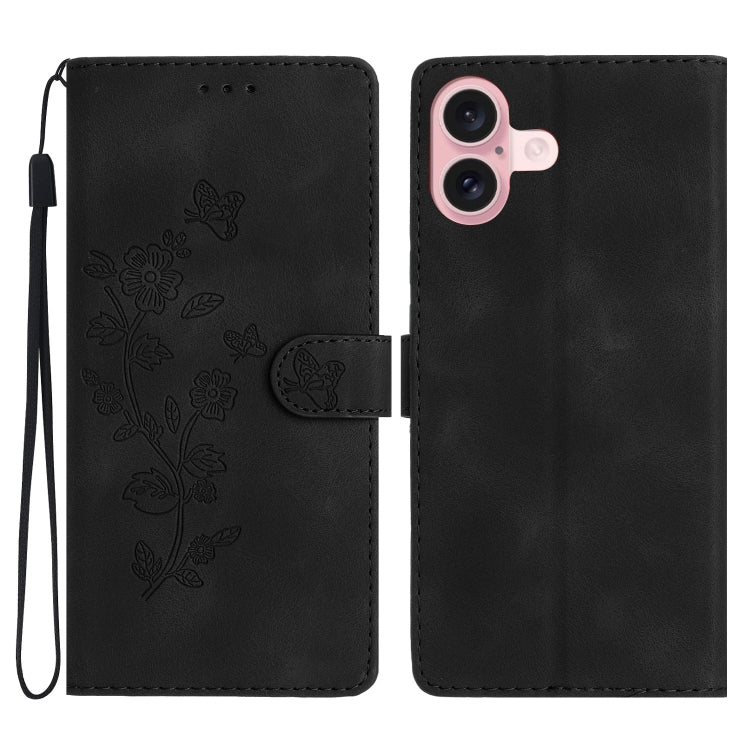 For iPhone 16 Plus Flower Butterfly Embossing Pattern Leather Phone Case(Black) - iPhone 16 Plus Cases by PMC TechLife | Online Shopping South Africa | PMC TechLife | Buy Now Pay Later Mobicred