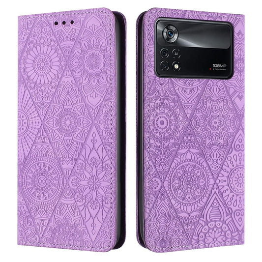 For Xiaomi Poco X4 Pro 5G Ethnic Embossed Adsorption Leather Phone Case(Purple) - Xiaomi Cases by PMC Jewellery | Online Shopping South Africa | PMC Jewellery | Buy Now Pay Later Mobicred