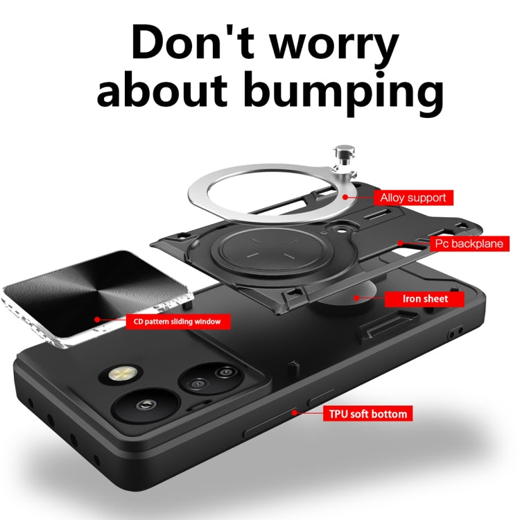 For Xiaomi Redmi 13C 4G CD Texture Sliding Camshield Magnetic Holder Phone Case(Silver) - 13C Cases by PMC TechLife | Online Shopping South Africa | PMC TechLife | Buy Now Pay Later Mobicred