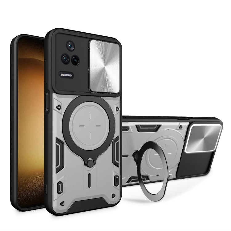 For Xiaomi Redmi K40S / Poco F4 CD Texture Sliding Camshield Magnetic Holder Phone Case(Silver) - Xiaomi Cases by PMC TechLife | Online Shopping South Africa | PMC TechLife | Buy Now Pay Later Mobicred