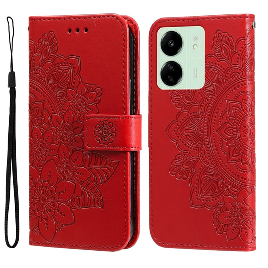 For Xiaomi Redmi 13C 4G 7-petal Flowers Embossing Leather Phone Case(Red) - 13C Cases by PMC Jewellery | Online Shopping South Africa | PMC Jewellery | Buy Now Pay Later Mobicred