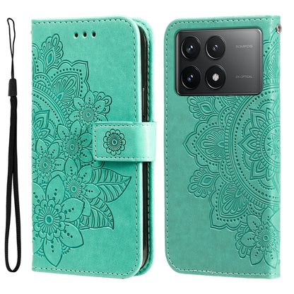 For Xiaomi Redmi K70E 7-petal Flowers Embossing Leather Phone Case(Green) - K70E Cases by PMC Jewellery | Online Shopping South Africa | PMC Jewellery | Buy Now Pay Later Mobicred