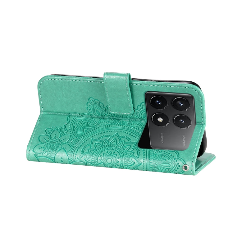 For Xiaomi Redmi K70E 7-petal Flowers Embossing Leather Phone Case(Green) - K70E Cases by PMC TechLife | Online Shopping South Africa | PMC TechLife | Buy Now Pay Later Mobicred
