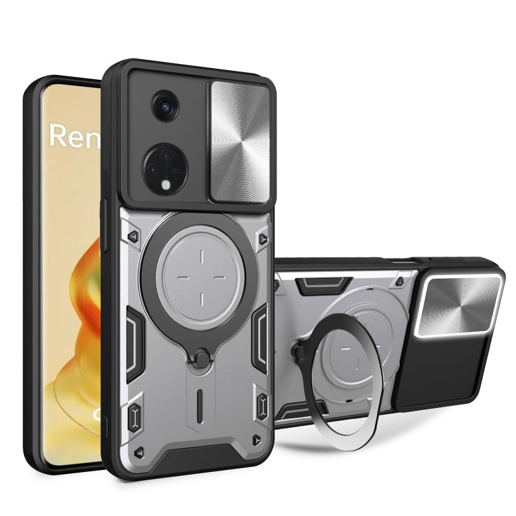 For OPPO Reno8 T 5G CD Texture Sliding Camshield Magnetic Holder Phone Case(Silver) - OPPO Cases by PMC TechLife | Online Shopping South Africa | PMC TechLife | Buy Now Pay Later Mobicred
