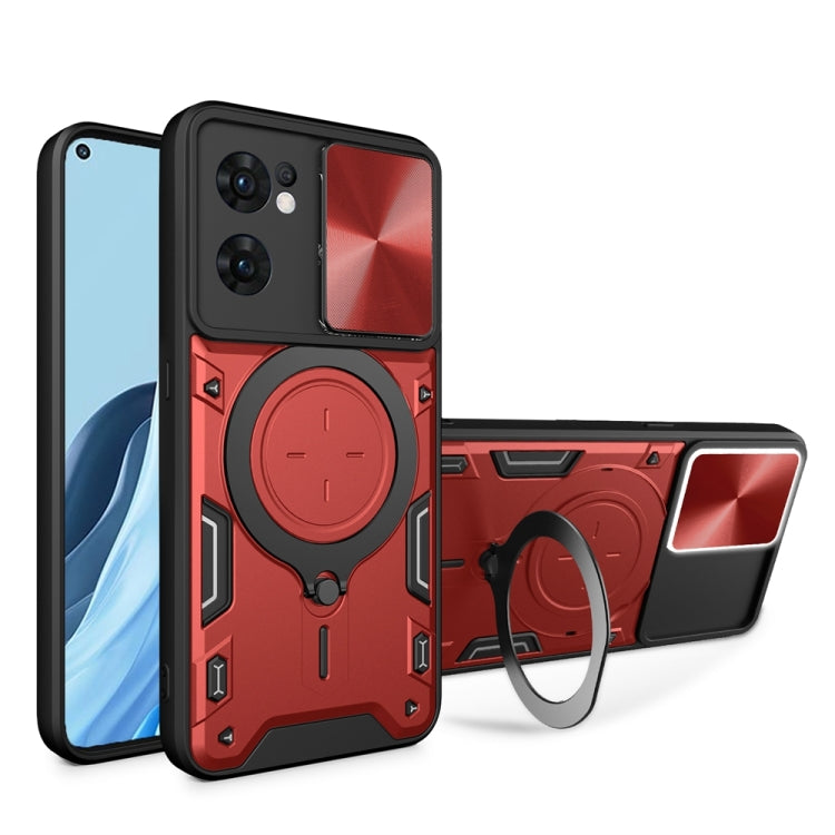 For OPPO Reno7 5G CD Texture Sliding Camshield Magnetic Holder Phone Case(Red) - free shipping - PMC TechLife - Order now!