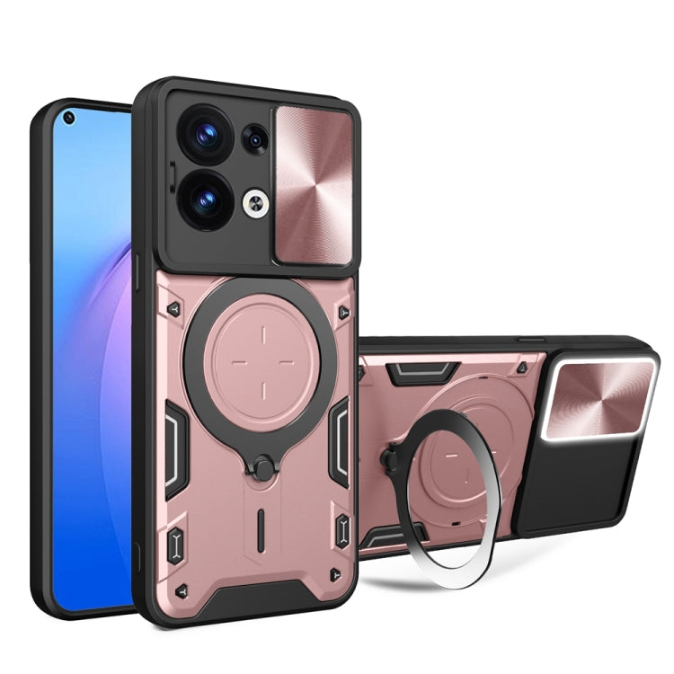 For OPPO Reno8 5G CD Texture Sliding Camshield Magnetic Holder Phone Case(Pink) - OPPO Cases by PMC TechLife | Online Shopping South Africa | PMC TechLife | Buy Now Pay Later Mobicred