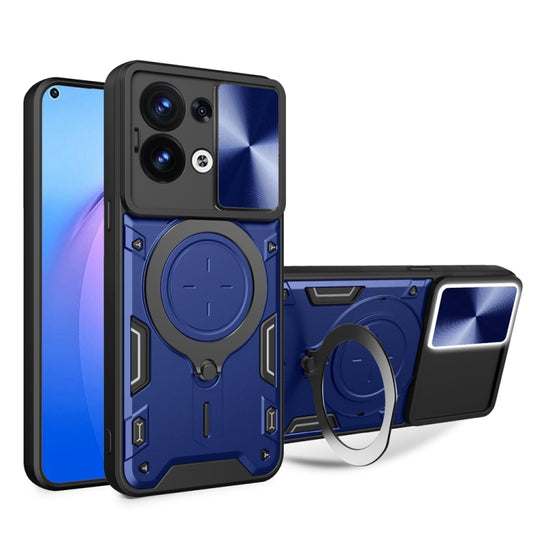 For OPPO Reno8 5G CD Texture Sliding Camshield Magnetic Holder Phone Case(Blue) - OPPO Cases by PMC Jewellery | Online Shopping South Africa | PMC Jewellery | Buy Now Pay Later Mobicred