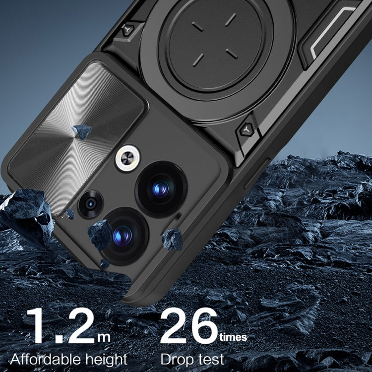 For OPPO Reno8 5G CD Texture Sliding Camshield Magnetic Holder Phone Case(Silver) - OPPO Cases by PMC TechLife | Online Shopping South Africa | PMC TechLife | Buy Now Pay Later Mobicred