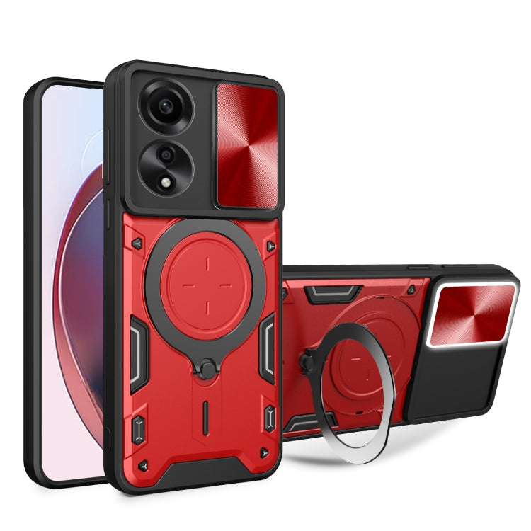 For OPPO A78 4G CD Texture Sliding Camshield Magnetic Holder Phone Case(Red) - OPPO Cases by PMC Jewellery | Online Shopping South Africa | PMC Jewellery | Buy Now Pay Later Mobicred
