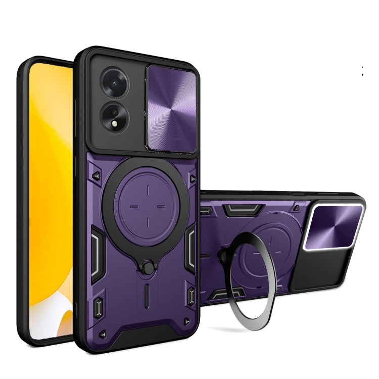 For OPPO A38 4G Global CD Texture Sliding Camshield Magnetic Holder Phone Case(Purple) - A38 Cases by PMC TechLife | Online Shopping South Africa | PMC TechLife | Buy Now Pay Later Mobicred