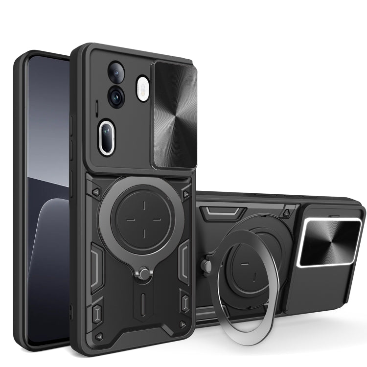 For OPPO Reno11 Pro 5G Global CD Texture Sliding Camshield Magnetic Holder Phone Case(Black) - Reno11 Pro Cases by PMC TechLife | Online Shopping South Africa | PMC TechLife | Buy Now Pay Later Mobicred