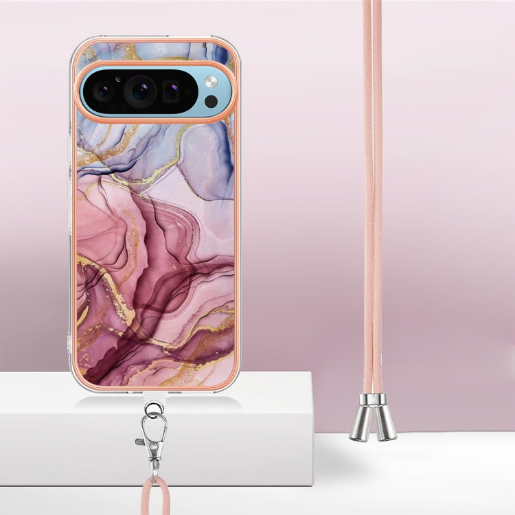 For Google Pixel 9 / 9 Pro Electroplating Marble Dual-side IMD Phone Case with Lanyard(Rose Red 014) - Google Cases by PMC TechLife | Online Shopping South Africa | PMC TechLife | Buy Now Pay Later Mobicred