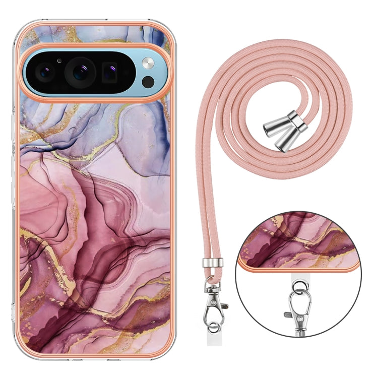 For Google Pixel 9 / 9 Pro Electroplating Marble Dual-side IMD Phone Case with Lanyard(Rose Red 014) - Google Cases by PMC TechLife | Online Shopping South Africa | PMC TechLife | Buy Now Pay Later Mobicred