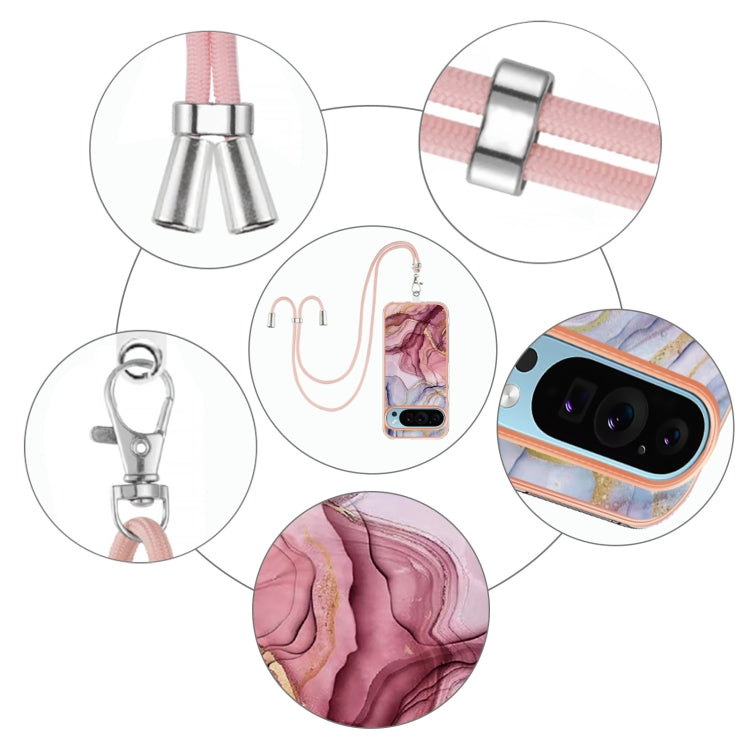 For Google Pixel 9 / 9 Pro Electroplating Marble Dual-side IMD Phone Case with Lanyard(Rose Red 014) - Google Cases by PMC TechLife | Online Shopping South Africa | PMC TechLife | Buy Now Pay Later Mobicred
