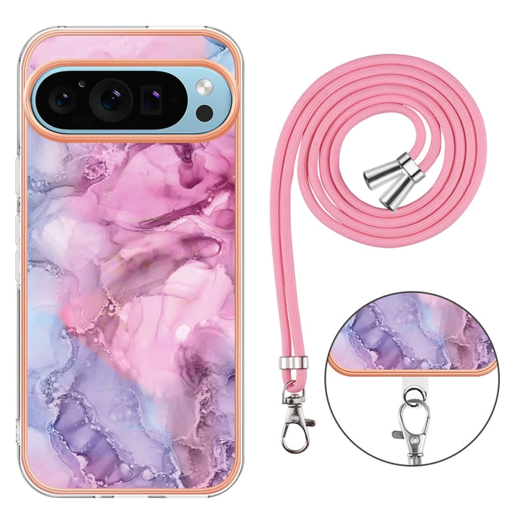 For Google Pixel 9 / 9 Pro Electroplating Marble Dual-side IMD Phone Case with Lanyard(Pink 013) - Google Cases by PMC TechLife | Online Shopping South Africa | PMC TechLife | Buy Now Pay Later Mobicred