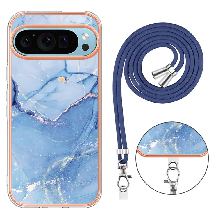 For Google Pixel 9 / 9 Pro Electroplating Marble Dual-side IMD Phone Case with Lanyard(Blue 018) - Google Cases by PMC TechLife | Online Shopping South Africa | PMC TechLife | Buy Now Pay Later Mobicred