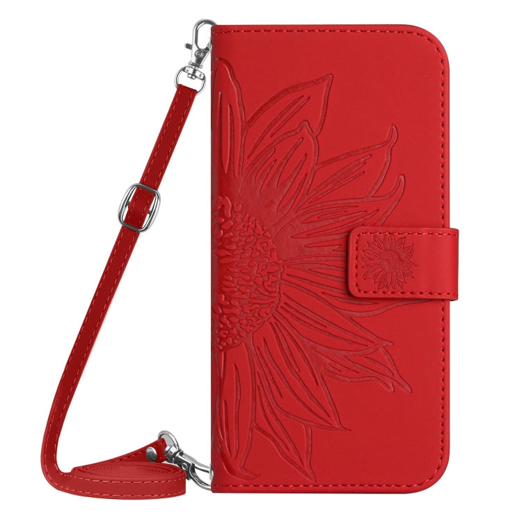 For iPhone 16 Pro Max Skin Feel Sun Flower Embossed Flip Leather Phone Case with Lanyard(Red) - iPhone 16 Pro Max Cases by PMC TechLife | Online Shopping South Africa | PMC TechLife | Buy Now Pay Later Mobicred