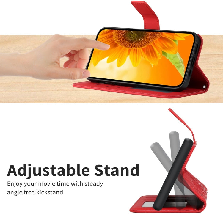 For iPhone 16 Pro Max Skin Feel Sun Flower Embossed Flip Leather Phone Case with Lanyard(Red) - iPhone 16 Pro Max Cases by PMC TechLife | Online Shopping South Africa | PMC TechLife | Buy Now Pay Later Mobicred
