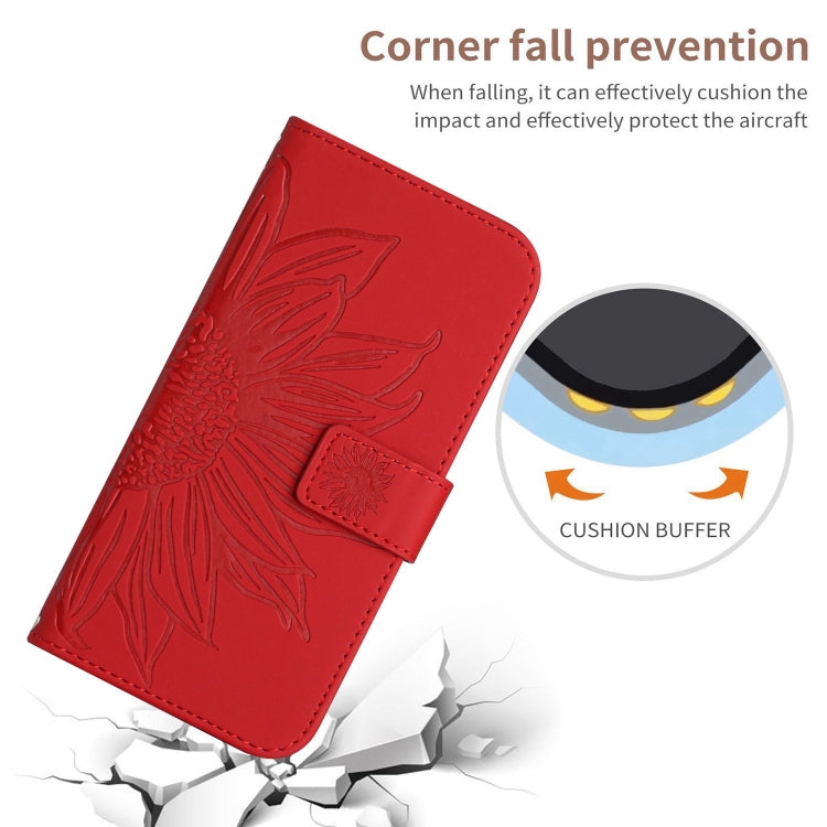 For iPhone 16 Plus Skin Feel Sun Flower Embossed Flip Leather Phone Case with Lanyard(Red) - iPhone 16 Plus Cases by PMC TechLife | Online Shopping South Africa | PMC TechLife | Buy Now Pay Later Mobicred