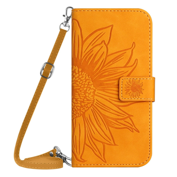 For iPhone 16 Plus Skin Feel Sun Flower Embossed Flip Leather Phone Case with Lanyard(Yellow) - iPhone 16 Plus Cases by PMC TechLife | Online Shopping South Africa | PMC TechLife | Buy Now Pay Later Mobicred