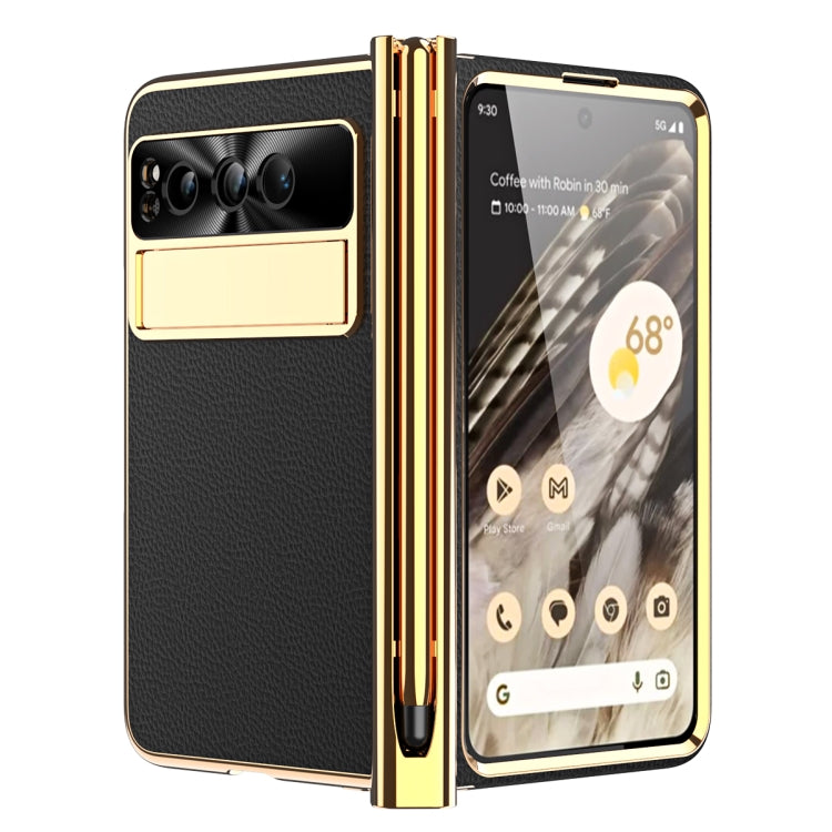 For Google Pixel Fold Litchi Pattern Electroplating Pen Slot Folding Phone Case with Stylus(Black) - Google Cases by PMC TechLife | Online Shopping South Africa | PMC TechLife | Buy Now Pay Later Mobicred