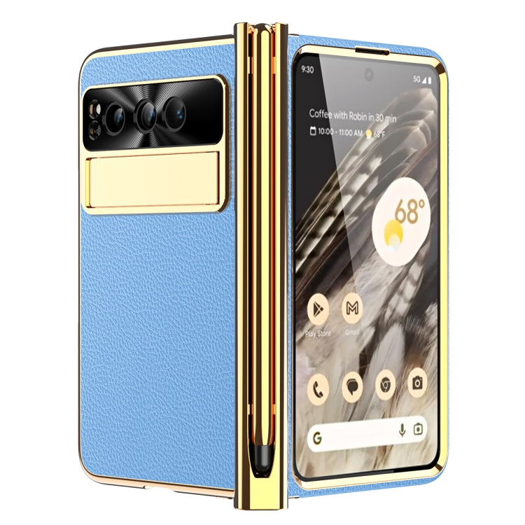 For Google Pixel Fold Litchi Pattern Electroplating Pen Slot Folding Phone Case with Stylus(Blue) - Google Cases by PMC TechLife | Online Shopping South Africa | PMC TechLife | Buy Now Pay Later Mobicred