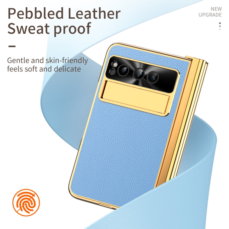 For Google Pixel Fold Litchi Pattern Electroplating Pen Slot Folding Phone Case with Stylus(Blue) - Google Cases by PMC TechLife | Online Shopping South Africa | PMC TechLife | Buy Now Pay Later Mobicred