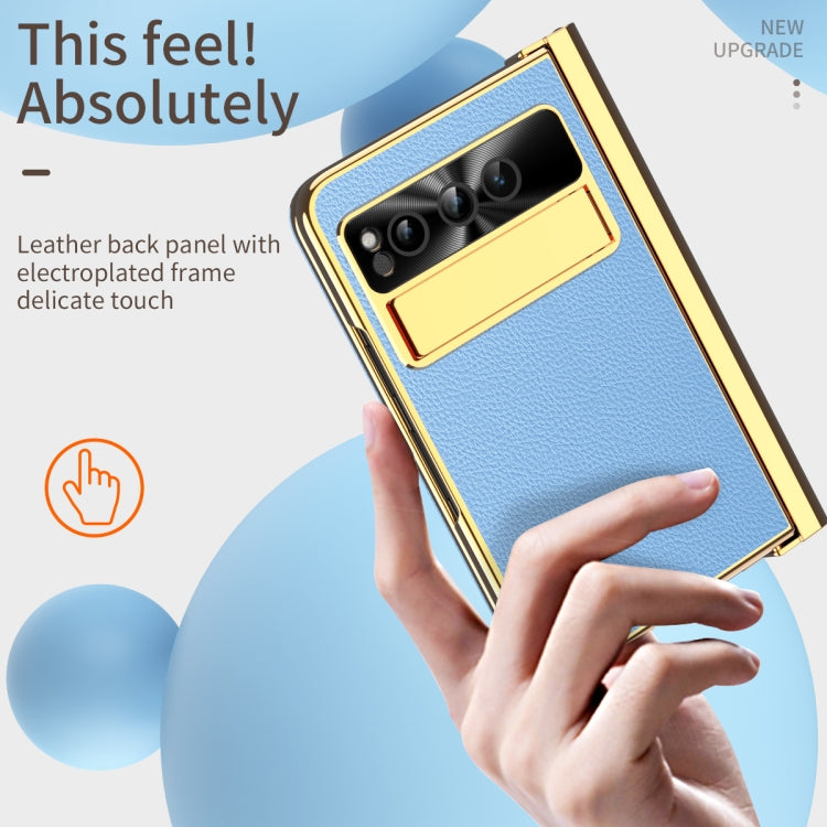 For Google Pixel Fold Litchi Pattern Electroplating Pen Slot Folding Phone Case with Stylus(Blue) - Google Cases by PMC TechLife | Online Shopping South Africa | PMC TechLife | Buy Now Pay Later Mobicred