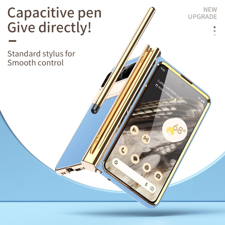 For Google Pixel Fold Litchi Pattern Electroplating Pen Slot Folding Phone Case with Stylus(Blue) - Google Cases by PMC TechLife | Online Shopping South Africa | PMC TechLife | Buy Now Pay Later Mobicred