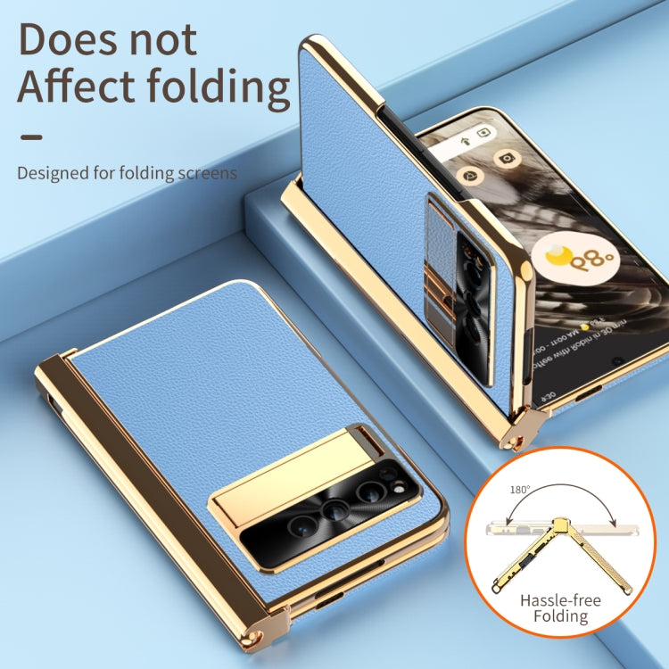 For Google Pixel Fold Litchi Pattern Electroplating Pen Slot Folding Phone Case with Stylus(Blue) - Google Cases by PMC TechLife | Online Shopping South Africa | PMC TechLife | Buy Now Pay Later Mobicred