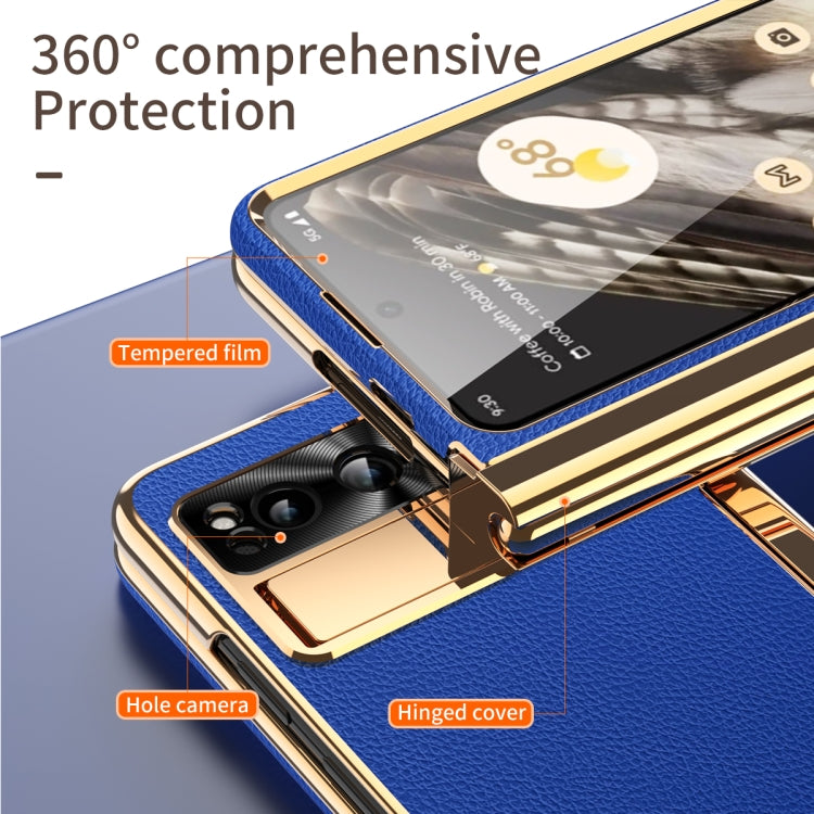 For Google Pixel Fold Litchi Pattern Electroplating Pen Slot Double Hinge Folding Phone Case with Stylus(Royal Blue) - Google Cases by PMC TechLife | Online Shopping South Africa | PMC TechLife | Buy Now Pay Later Mobicred