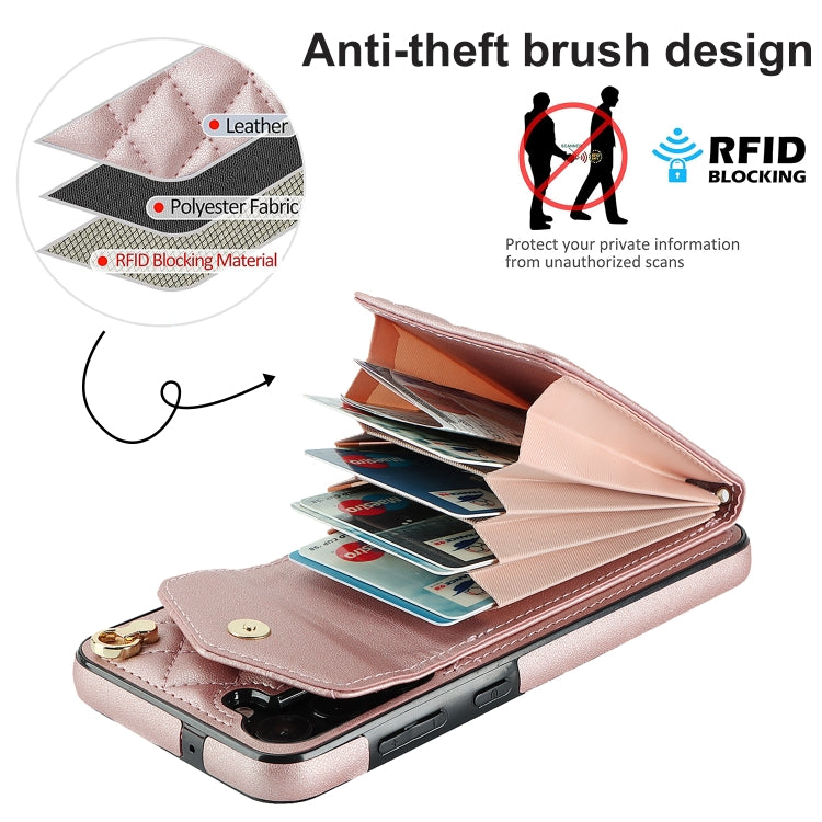 For Samsung Galaxy A54 5G Rhombic Texture Card Bag Phone Case with Long Lanyard(Rose Gold) - Galaxy Phone Cases by PMC Jewellery | Online Shopping South Africa | PMC Jewellery