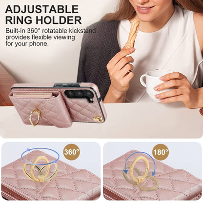 For Samsung Galaxy S24+ 5G Rhombic Texture Card Bag Phone Case with Long Lanyard(Rose Gold) - Galaxy S24+ 5G Cases by PMC Jewellery | Online Shopping South Africa | PMC Jewellery | Buy Now Pay Later Mobicred