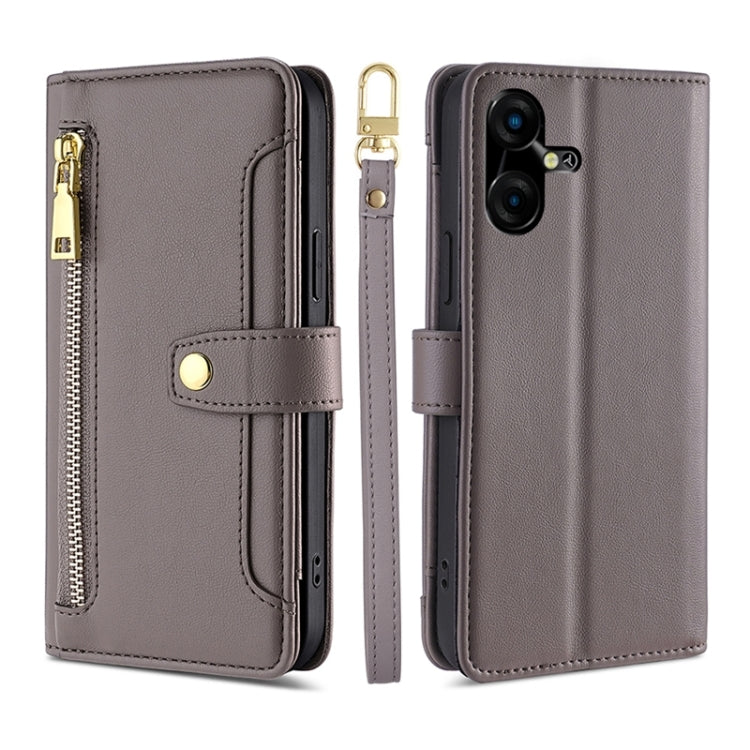 For Tecno Pova Neo 3 Sheep Texture Cross-body Zipper Wallet Leather Phone Case(Grey) - Tecno Cases by PMC TechLife | Online Shopping South Africa | PMC TechLife | Buy Now Pay Later Mobicred
