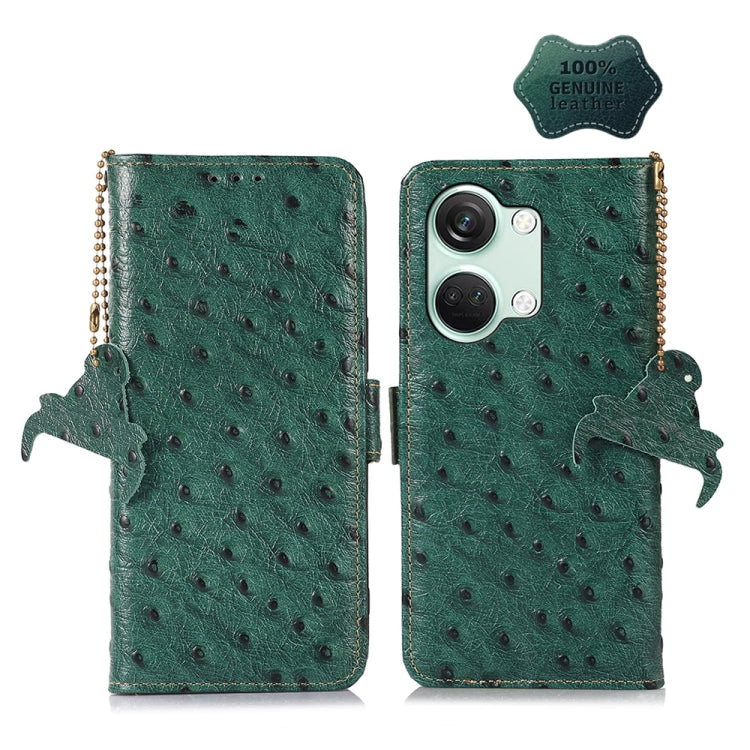 For OnePlus Nord 3 / Ace 2V Ostrich Pattern Genuine Leather RFID Phone Case(Green) - OnePlus Cases by PMC TechLife | Online Shopping South Africa | PMC TechLife | Buy Now Pay Later Mobicred