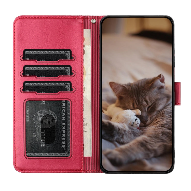 For iPhone 16e Cat Embossing Pattern Leather Phone Case with Lanyard(Red) - iPhone 16e Cases by PMC TechLife | Online Shopping South Africa | PMC TechLife | Buy Now Pay Later Mobicred