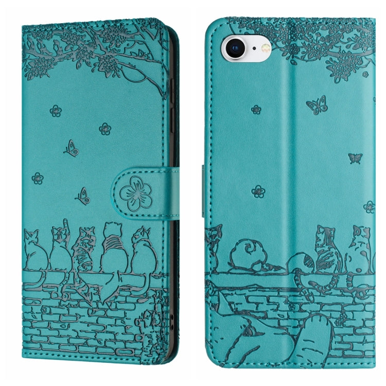 For iPhone 16e Cat Embossing Pattern Leather Phone Case with Lanyard(Blue) - iPhone 16e Cases by PMC TechLife | Online Shopping South Africa | PMC TechLife | Buy Now Pay Later Mobicred