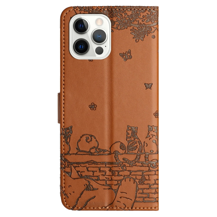 For iPhone 16 Pro Cat Embossing Pattern Leather Phone Case with Lanyard(Brown) - iPhone 16 Pro Cases by PMC TechLife | Online Shopping South Africa | PMC TechLife | Buy Now Pay Later Mobicred