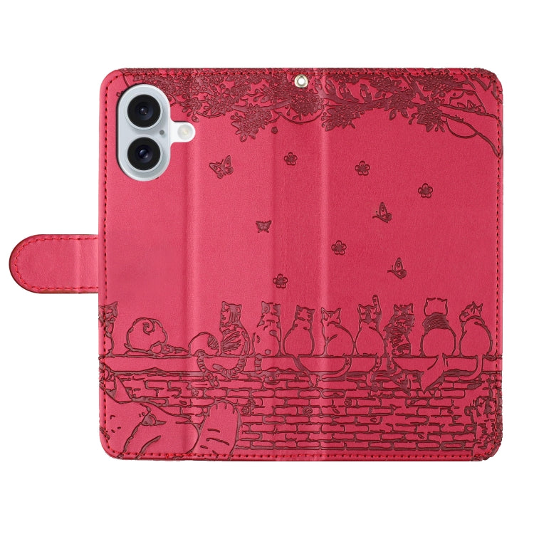For iPhone 16 Plus Cat Embossing Pattern Leather Phone Case with Lanyard(Red) - iPhone 16 Plus Cases by PMC TechLife | Online Shopping South Africa | PMC TechLife | Buy Now Pay Later Mobicred
